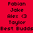 Red background with black text listing names and phrases in a , some sections highlighted in cyan