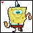 Pixelated yellow sponge character with blue eyes, white shirt, red shorts, and brown shoes in four distinct poses holding a golden object.