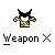 Animated contact sheet of a pixel art character with black horns, white face, and green camouflage outfit holding gray weapons across 13 frames showing weapon sparks, plus signs, and X symbols.