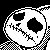 Black-and-white pixel art of a stylized skull with large eye sockets and a stitched mouth, set against a checkered background.