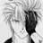 Pixelated grayscale image of a character with light hair and dark clothing, holding a dark object near their face.
