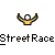 A 4-frame animated contact sheet showing a yellow stick figure with brown arms and white head performing arm movements above the text "Street Race" on a gray background.