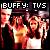 Pixelated image with 'BUFFY: TVS' text above four figures in red and orange tones against black background.