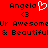 Red background displays two identical 'Angela' text pairs with heart symbols and pixelated emoticons, followed by partial phrases.
