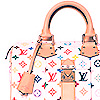 A Louis Vuitton handbag with a multicolor monogram pattern featuring red, blue, yellow, and green motifs on a white background, with light brown leather handles and a tag.