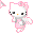 Pixelated Hello Kitty avatar with pink bow, gray scarf, and pink dress in two poses against white background.