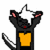 Pixelated black cat-like figure with yellow chest patch and red nose, holding white star above head in six sequential poses.