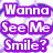 Pixelated purple text on white background with heart symbols, arranged in two reading "Wanna See Me Smile?" and "Just Say His Name"
