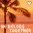 Pixelated sunset beach scene with palm tree, heart symbol, and text "HE BELONG TOGETHER" in white block letters.