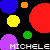 Pixelated icon with repeating 'MICHELE' text across black background, multicolored circles and half-circles in red orange yellow green blue purple pink cyan brown.