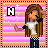Pixel art of a girl with long brown hair wearing white shirt and black pants, standing against pink-orange striped background with white stars.
