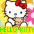 Hello Kitty character in four distinct pixelated poses with text banners, each showing different accessories and background colors.