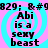A static digital image displays four identical with text "Abi is a sexy beast" over a cyan and pink spiral background, each bordered by black text reading "&amp;#9829;" at the top and bottom