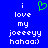 Blue background with white pixelated text reading 'i love my joeeyy hahaha:)' and a green heart symbol above the first line.