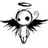 Pixelated black-and-white icon of a skull with one eye, wings, and a halo, rendered in low-resolution digital style.