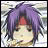 Pixelated anime-style character with purple hair, red forehead marking, and neutral expression against a light background.
