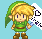 Pixelated character with green tunic and hat, holding a blue object against light blue background; text "I ♥ Niram" appears on right side.
