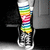 A person wearing rainbow striped socks and black sneakers stands against a dark background with gray elements.