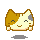 Pixel art cat with brown and white fur, gray ear spot, closed eyes, and a small smile, shown in six sequential poses with hand gestures and mouth expressions.