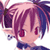 Pixelated anime-style character icon with pink and purple hair, red eyes, and a dark blue collar against white background.