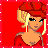 Pixel art contact sheet showing a female character's outfit components and text variations on red background with white dotted border.