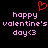 Red pixelated heart symbol above pink text reading 'happy valentine's day<3' on black background.
