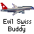 Pixelated airplane with red tail featuring white cross, below text reading 'Evil Swiss Buddy' on gray background.
