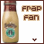 Animated contact sheet of a bottle-shaped icon with "FRAP FAN" text, showing frame-by-frame variations in text style and arrow direction across 25 sampled frames.