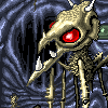 Pixelated creature with golden-brown skeletal body, red glowing eyes, and sharp teeth against dark swirling background.