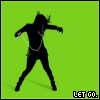 Animated sequence of a silhouetted figure with long hair and earphones performing dynamic movements against a bright green background, each frame labeled "LET GO.".