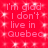 Red background with repeated white text 'I'm glad I don't live in Quebec' and small square sparkles.