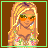 Pixelated character with long blonde hair, orange sunglasses, floral top, and dark blue pants against brown background.