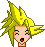 Pixel art head with spiky yellow hair, light skin, and brown neck showing five distinct facial expressions against gray background.