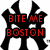 Black silhouette of a figure with raised arms holding red text reading "BITE ME BOSTON" on white background.