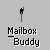 Pixelated yellow figures with white heads holding red-and-black sticks, some with hands raised, against a gray background with "Mailbox Buddy" text below.