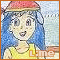 Animated character with blue hair and red hat in yellow top, showing facial expression changes across frames.