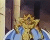 Golden armored figure with blue cape in dynamic poses, emitting bright yellow-white energy effects