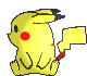 Four pixelated Pikachu poses on gray background: side view, front view, left profile, and another front view with tail flame.