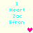 Pixelated text "I Heart Zac Efron" in cyan on light background with pink heart symbols appearing and disappearing.
