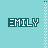 Animated sequence of 'EMILY' text icons with color variations on a light blue background, each frame showing distinct pixel-level changes in letter colors and positions.