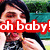 A pixelated image of a person with dark hair holding food near their mouth, overlaid with red text reading "oh baby!" against a green background.