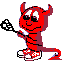 Red pixelated devil character with horns, tail, and checkered shoes holding a black lacrosse stick in two poses.