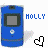Two blue mobile phone icons with gray screens, white wings, and a flower emblem; text "MOLLY" in blue pixelated font between them.