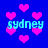 Blue background with scattered pink pixelated hearts and repeated cyan text reading 'sydney' in a retro digital style.