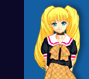 Animated character with long yellow pigtails, black dress with pink collar trim, and orange patterned skirt against blue background.