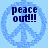 Pixelated blue peace symbol with dark blue text reading 'peace out!!!' centered on a light blue background.