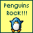 Pixelated penguin with blue body, white belly, orange feet stands on yellow background beneath "Penguins Rock!!!" text; green "OriginalIcons.com" text appears on dark green