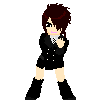 Pixelated character with brown hair in black outfit holding a small object, shown across with varying eye expressions and arm positions
