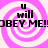 Pixelated image with four identical showing pink and white spiral backgrounds, black text reading "u will OBEY ME!OBEY ME!!" across the center