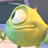 Pixelated yellow-green cartoon character with large white eye, blue eyelid, and closed mouth, standing on two thin legs against dark blue and light blue background.